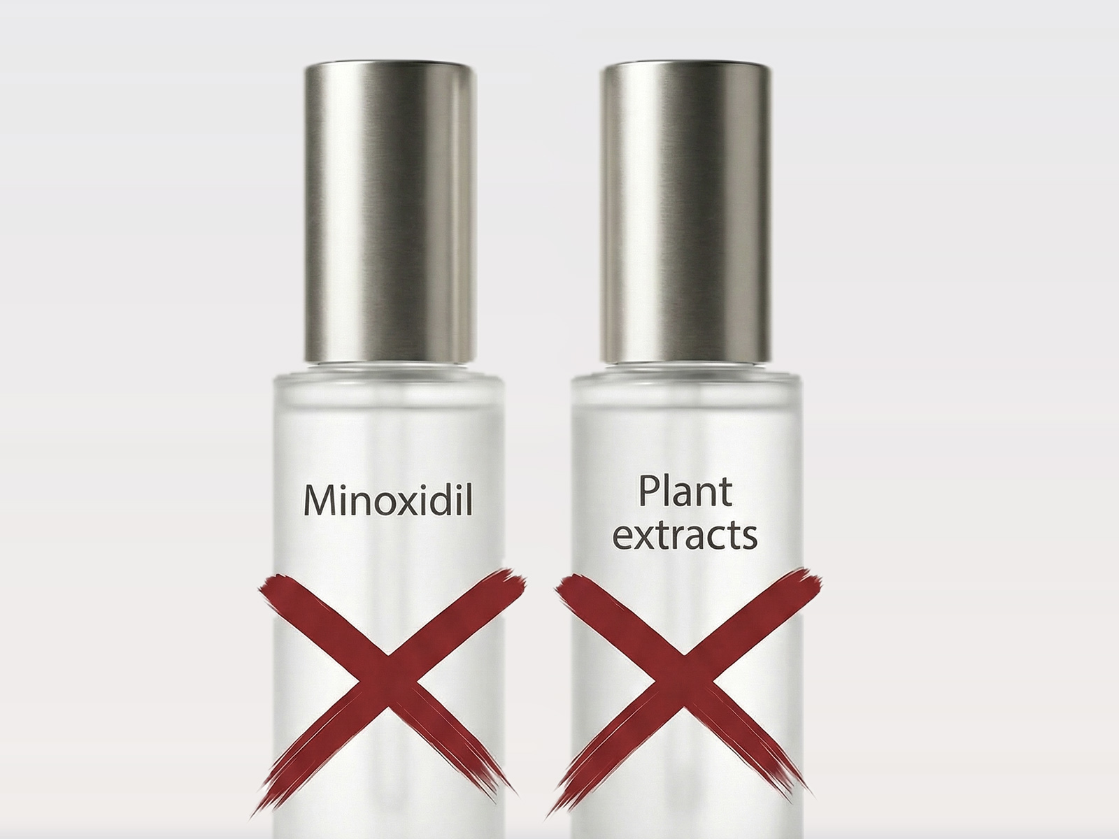 Bottles of minoxidil and plant extracts crossed out as inferior options