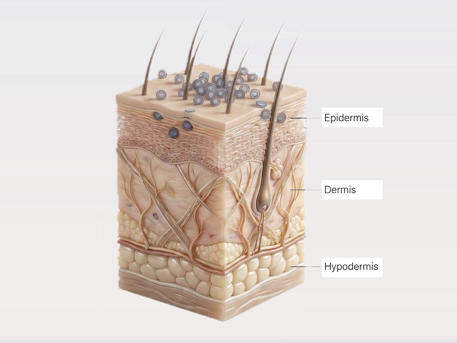Cross-section of skin showing the epidermis, dermis and hypodermis layers
